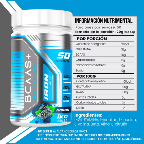 Glúteo Peptonas Peptofrance + Bcaas + Glutamina Iron Fit 1kg Sin Sabor - Moras
