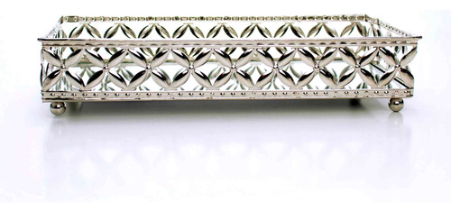 Bandeja Decorativa Retangular Metal Prata Com Espelho 5x24cm