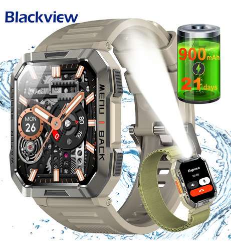 Reloj Smartwatch Reloj Inteligente Blackview Bvw60 Caqui De 2.1 Pulgadas, Smart Watch, Hombre Reloj Inteligente Militar, Linterna Bluetooth, Ip68, Resistente Al Agua, Caqui