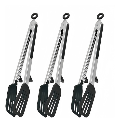 3 Pinzas De Cocina Con Espátula De Silicona Antiadherente Color Negro