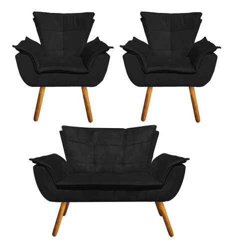 Kit Sofá Namoradeira 02 Lugares E 02 Poltronas Opala Suede Cor Preto