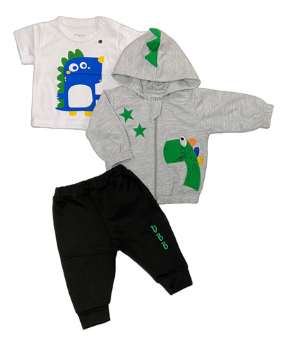 Buzo 3 Piezas 100% Algodón Capucha Con Estampado Dinosaurio