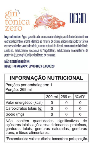 Kit 6 Latas 269ml Gin Tônica Sem Álcool Sem Calorias Begin
