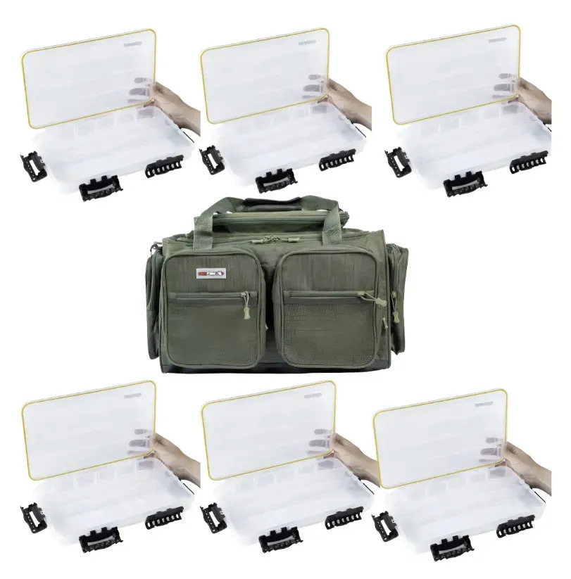 Kit Bolso De Pesca Redfish Giant 2 Verde + 6 Cajas Gaveteros Estanco Organizadoras Para Señuelos Accesorios Pesca Deportiva Con Bolsillos Laterales Frontales Cierres Reforzados Correa Ajustable