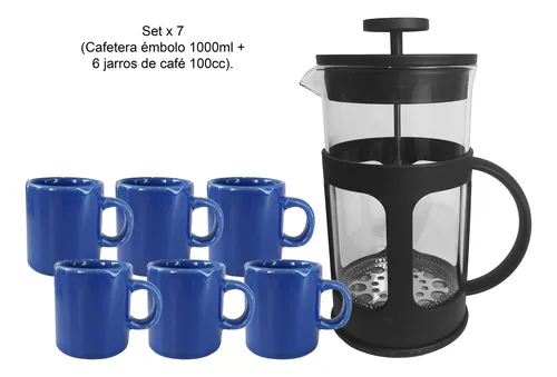 Set X7 Pz Cafetera Embolo 1000ml + 6 Jarros Cafe 100cc Bz3