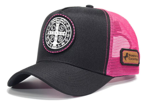 Boné São Bento Trucker Medalha Cruz Sagrada Curva Preto Rosa