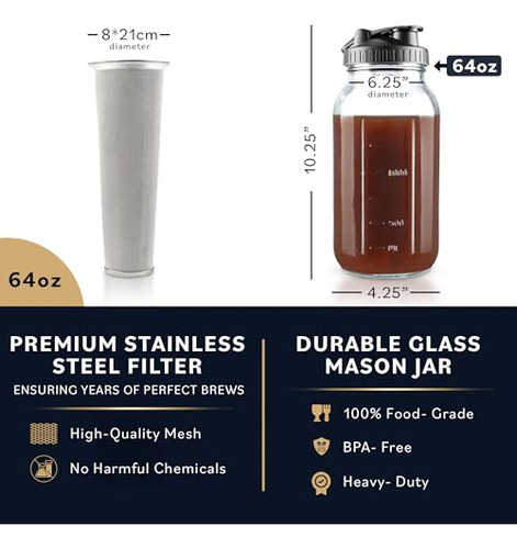Cafetera Cold Brew Con Cuerpo De Vidrio Resistente Y 2 Tapas