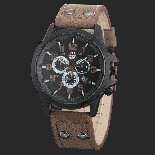 Brown - Watches Mens Military Army Leather Date Wrist Watch