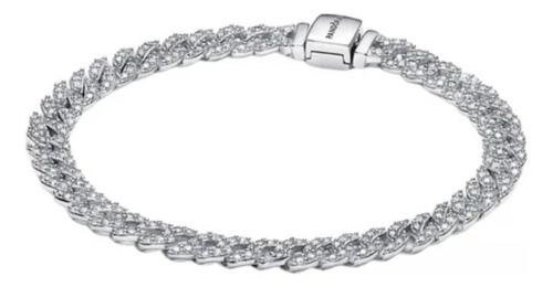 Brazalete Cadena Cubana En Pavé Color Plateado Largo 18 Cm