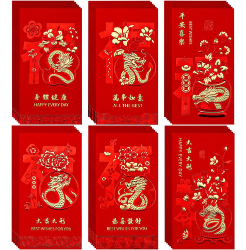 36 Sobres Rojos Chinos 2024, Paquete Rojo De 6.7 X 3.5 Pulga