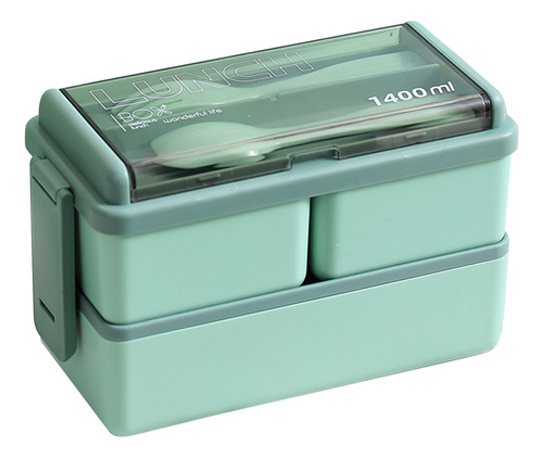 Bento Box De Dos Capas, Color Verde, Con Separador, De Plást
