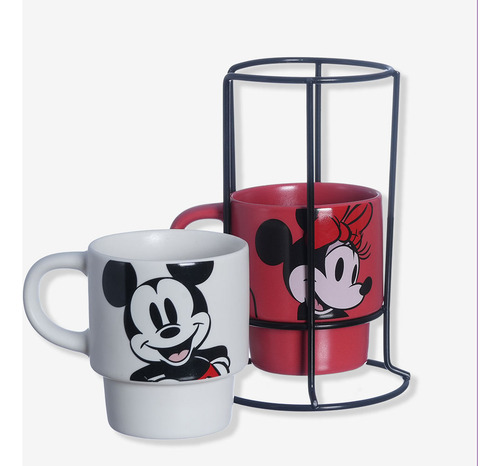 Kit Xícaras Empilháveis Mickey Mouse E Minnie Mouse Disney Cor Branco