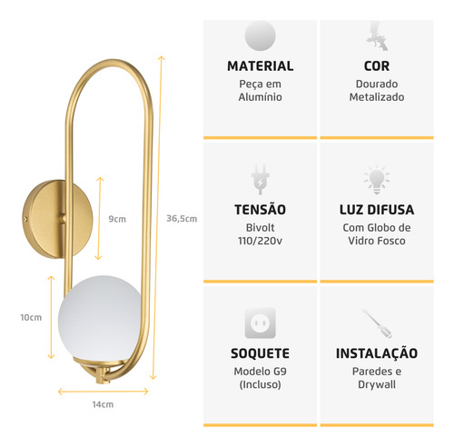 Arandela Arkom Light Parede Dourado Globo Vidro Leitoso 10cm