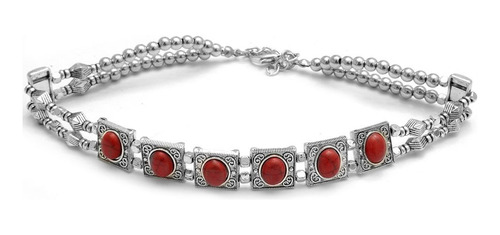 Conjunto Choker Piedra Oval Rojo 32 A 37cm