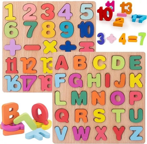 Juego Didactico Madera Numeros Y Abecedario Rompecabezas 2pz