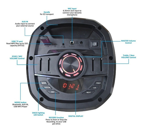 Imagen 2 de 5 de Bafle Torre Parlante Portátil Recargable Karaoke Bluetooth