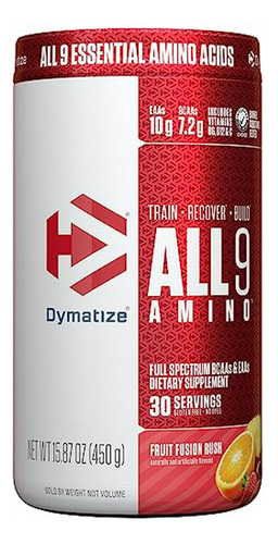 Dymatize All9 Amino, Bcaas Y Aas Esenciales, Recuperación Y Síntesis Proteica, Fruit Fusion Rush, 30 Porciones