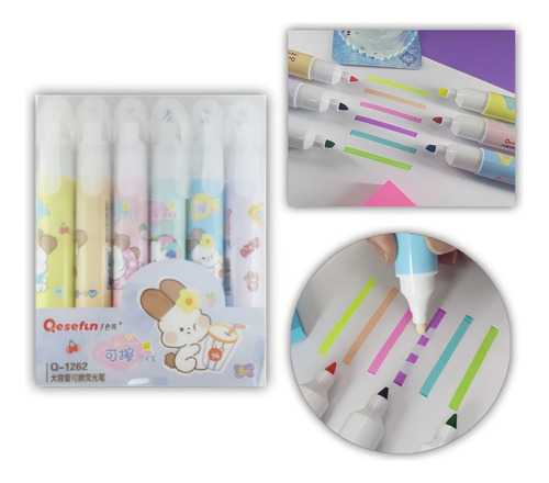 Kit Marca Texto Fofinho Apagável Kawaii Fluorescentes 6 Unid