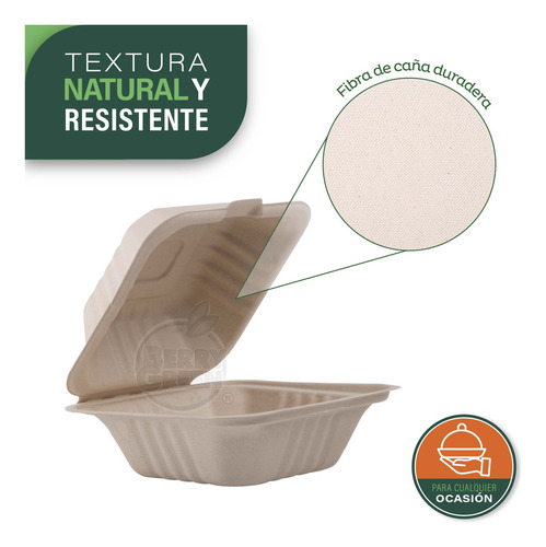 Berry Green 50 Hamburgueseros Contenedores Compostables Para Alimentos, Material de Alta Calidad, Resistente a Líquidos, Ecológico, Hecho de Fibras de Caña de Azúcar de 15 x 15 x 7.5 cm (6 Pulgadas)