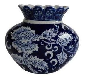 Vaso Porcelana Fat Body Chinese Flower Azul E Branco