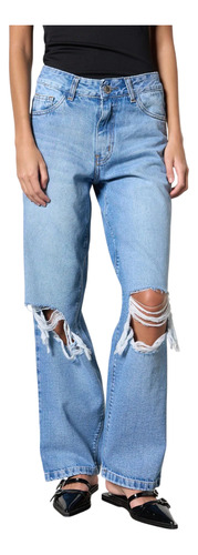 Pantalón Mom Recto De Jean Rígido Tiro Medio - Ronnie