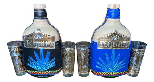 2 Botellas Licorera Forrada 700ml Azul Y Negra Con 4 Tequile Agua