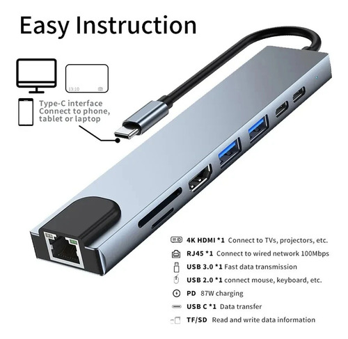 Hub 8 En 1 Usb 3.0 Tipo C Hdmi Ethernet Rj45 Micro Sd Carga