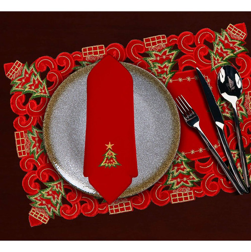 Mantel Individual Navideño Con Pinos Bordado Color Rojo 6 Pz