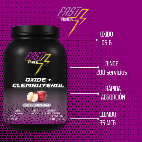 Óxido Nítrico + Clembuterol Fast Suplement 1kg 200 Serv Manzana