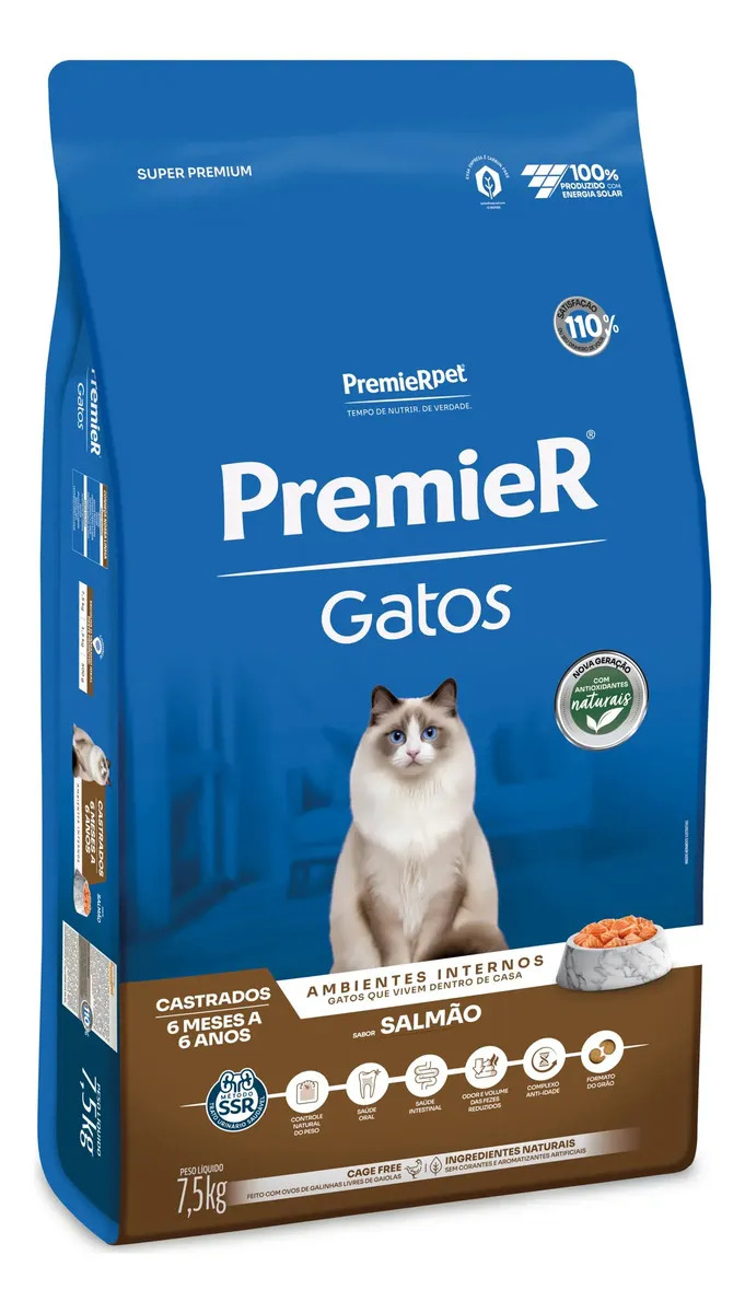 Ração Premier Gatos Castrados 6 Meses A 6 Anos Salmão 7,5kg