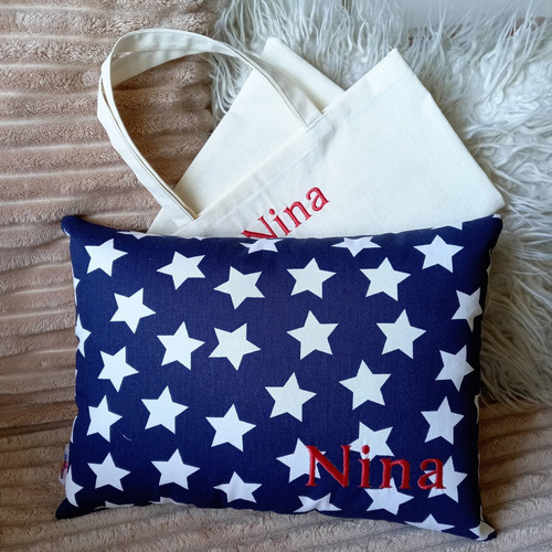 Almohadon Infantil Con Nombre Bordado Bebe Niños + Bolsa