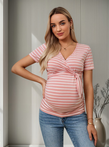 Blusa Camiseta De Maternidad Y Lactancia Rosa Rayas Algodón