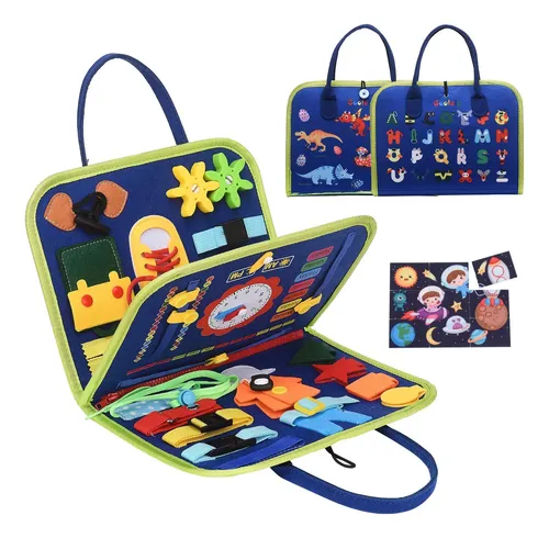 Tablero Ocupado Montessori De Fieltro Con Dinosaurios – Juguete Sensorial De 28x22 Cm Con Cremalleras, Botones Y Cordones – Portátil Con Asa – Para Niños De 1 A 4 Años