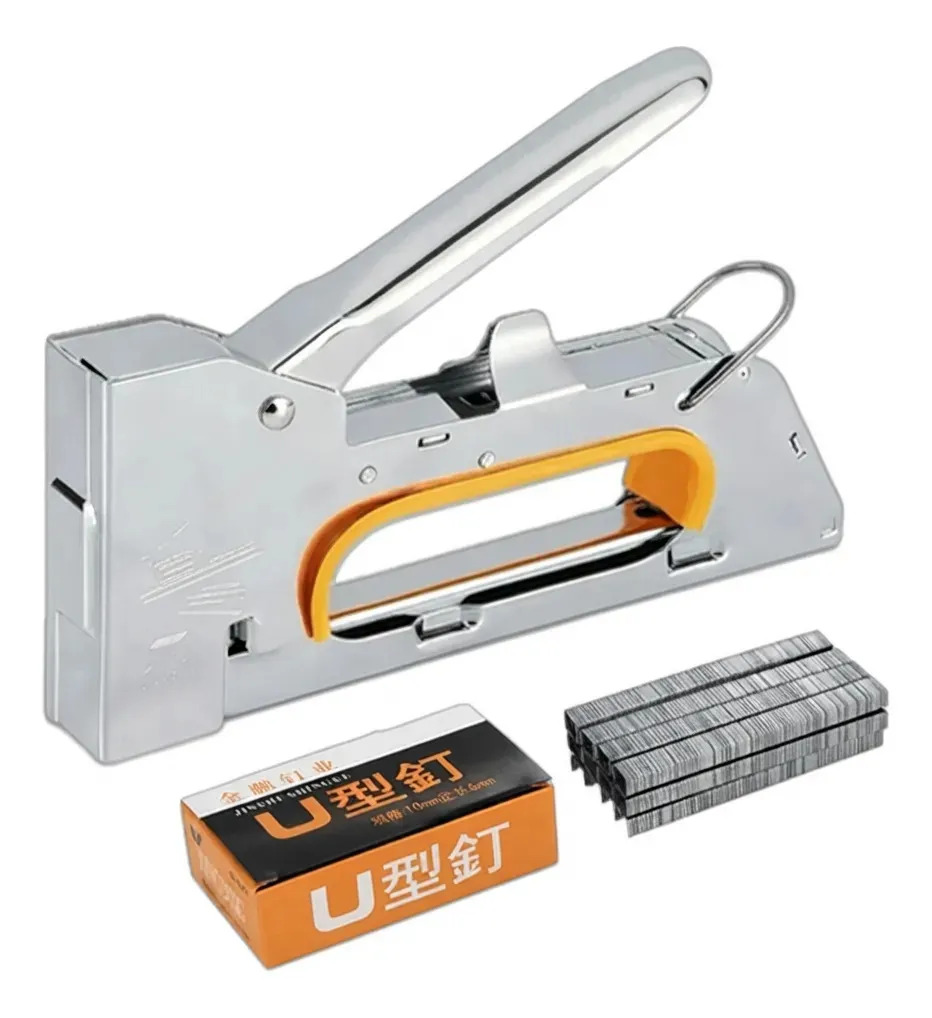 Engrapadora 1008F Industrial Herramienta Tapiceria Manual 2400 Grapas Tipo N Fijacion Mallas Madera Carteles Manualidades Muebles Uso Rudo Cuerpo Aluminio Bloqueo de Mango