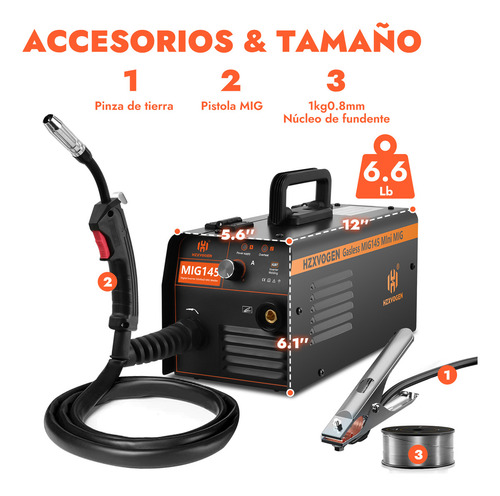 Soldadora inverter Mig sin gas 145A 50/60HZ 60% ciclo de trabaj Herro acero al carbono 1KG
