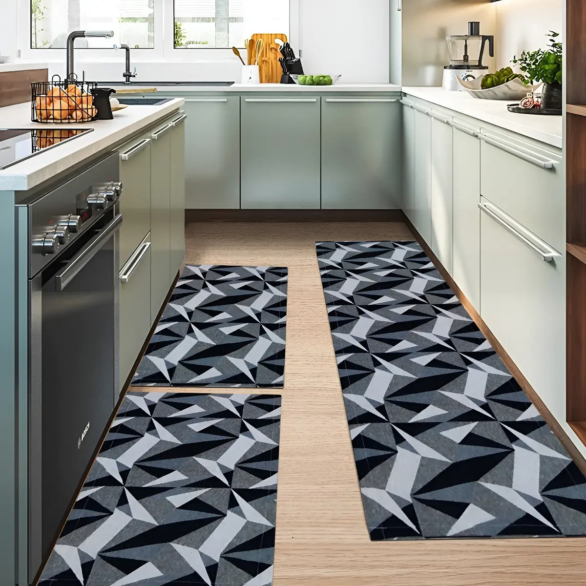 Tapetes Antiderrapantes Geométricos para Cozinha e Banheiro - Kit com 3 Peças Bicchiere Preto e Branco