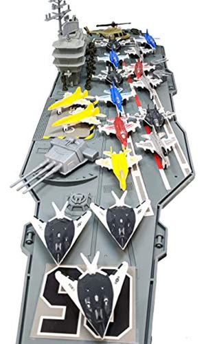 Imagen 2 de 7 de Portaaviones De Juguete Con Soldados Y Aviones, Color Gris