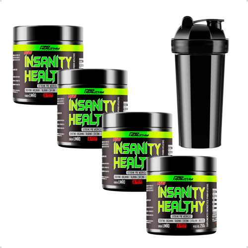 Kit 4x Pre Treino Insanity Com Creatina Pro Healthy Limonada com Coqueteleira