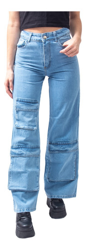 Jean Cargo Pantalón Wide Leg Recto Mujer
