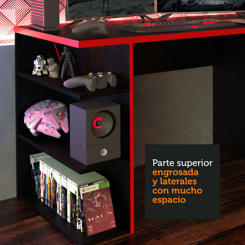  Escritorio gamer Madesa Mesa para computador gamer 9409 mdp de 136cm x 75cm x 60cm negro y rojo