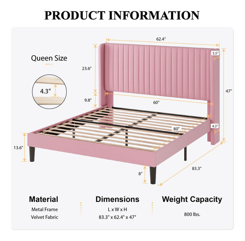 Base De Cama De Terciopelo Queen Con Cabecera Capitoné Rosa