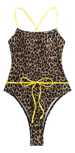 Mono  Baño Con Cuello Halter Y Estampado Leopardo Para Mujer