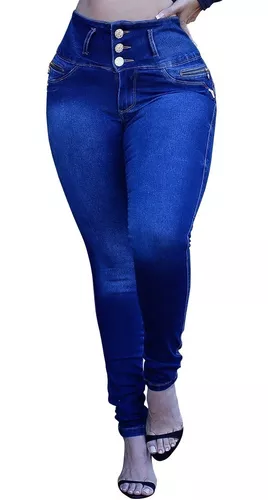 Calça Jeans Cós Alto Azul 3 Botões Lycra Modeladora