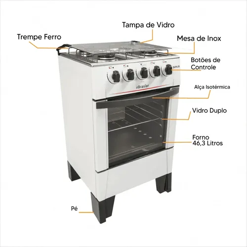 Fogão Braslar New Sírius À Gás 4 Bocas Mesa Inox-branco