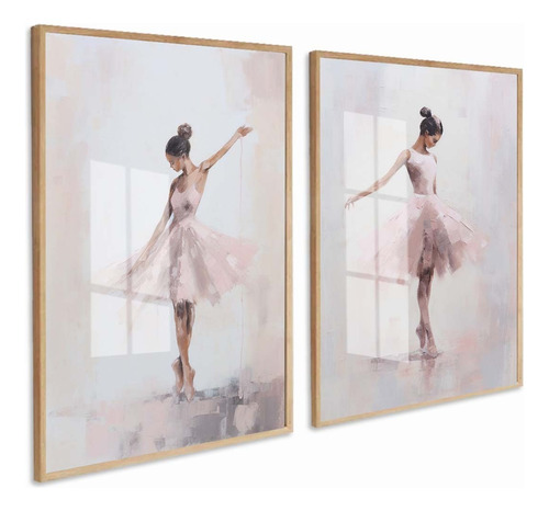 2 Quadros Decorativos Bailarina Ballet Rosa Moldura E Vidro