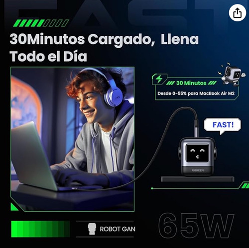 Cargador Ugreen C361 Usb-c Usb C Carga 65w Negro