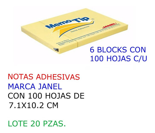 Notas Adhesivas Janel Lote De 20 Packs De 6 Blocks 