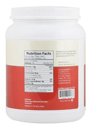 Aceite De Coco Extra Virgen Crudo Kevala 1.65 Litros