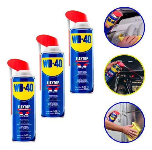 Kit 3 Óleo Desengripante Lubrificante Wd-40 Flextop 500ml