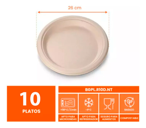 Plato Redondo #10 Biodegradable 26cm Bagazo 10 Pzs